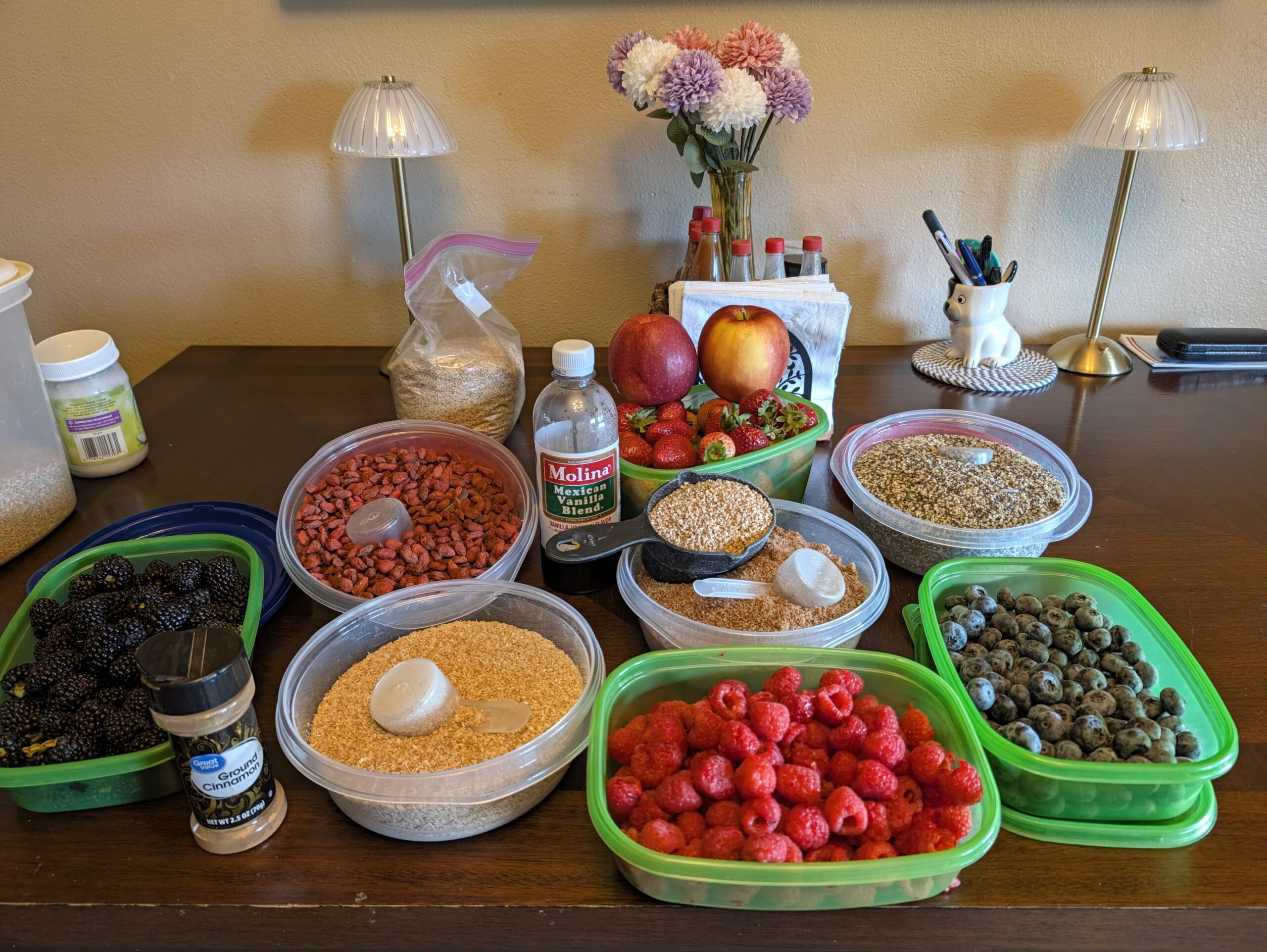 Monster breakfast ingredients — berries, seeds, oats