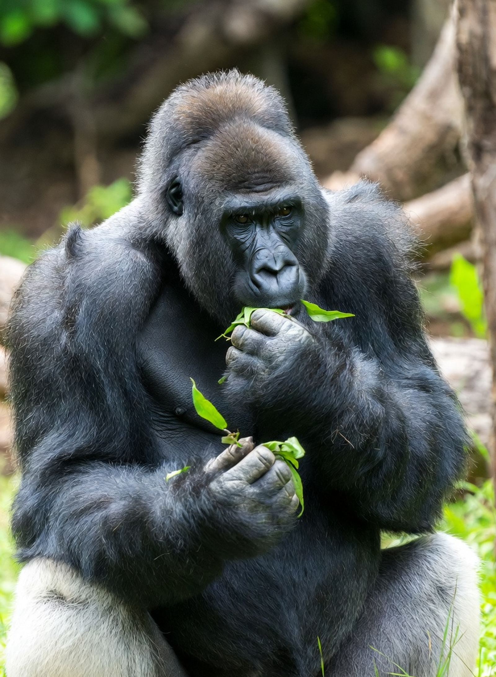 Silverback gorilla eating leaves — plant-powered strength
