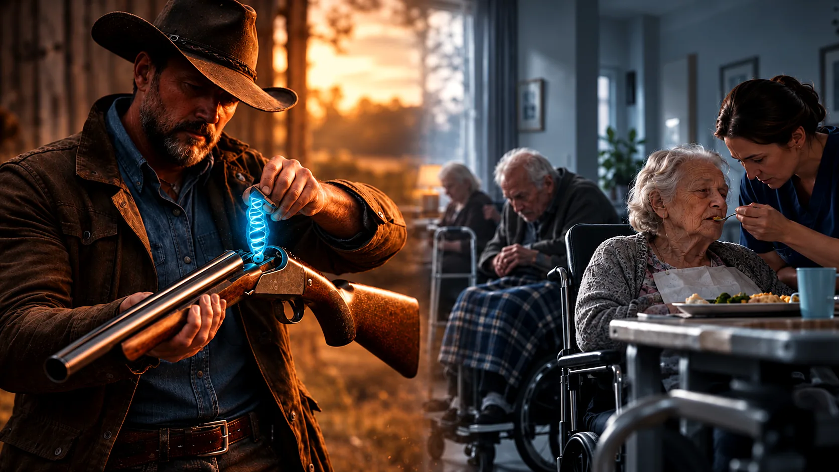 Split image: Lex loading a DNA shell into a shotgun beside elderly people in wheelchairs in a nursing home