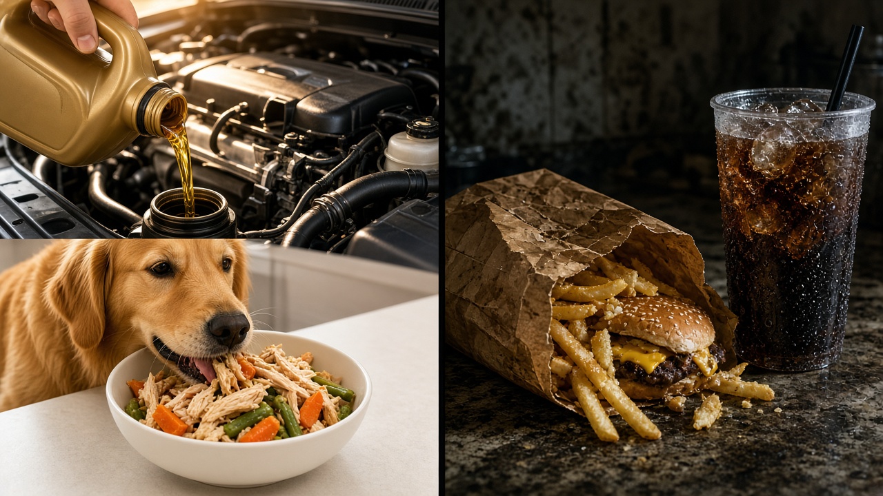 A pampered engine and well-fed dog beside fast food and a dark soda