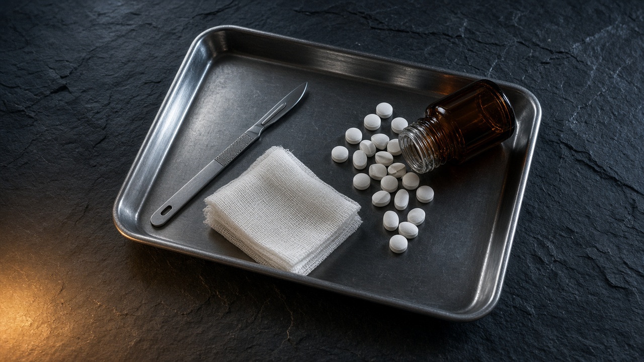 Surgical tray with a scalpel, gauze and spilled pills